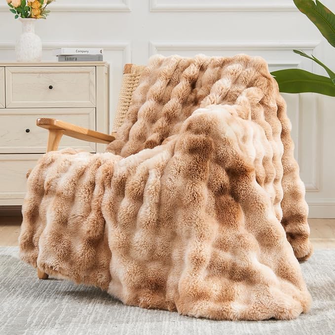 NEWCOSPLAY Faux Fur Bubble Twin Blanket for Couch, Tie-Dye Beige, 60"x80" | Fluffy Soft Thick Warm Bubble Blanket for Couch Sofa Bed 700GSM, Plush Cozy Luxury Decorative Throw, Gift for Women Men