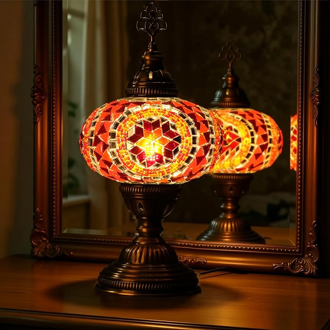Turkish Mosaic Desk Lamp with Bulb – Orange Red Tiffany-Style Glass, Vintage Bohemian Bedside & Salon Decorative Light with E12 Socket & US Plug