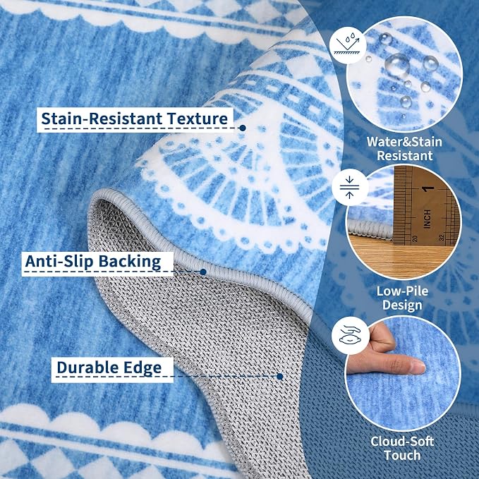 COZYLOOM 9x12 Scalloped Lace Border Area Rug for Bedroom, Large Living Room Rugs with Non Slip Backing, Modern Solid Stain Resistant Rugs Non Shedding Low Pile Mats for Bedroom, Dining Room, Blue