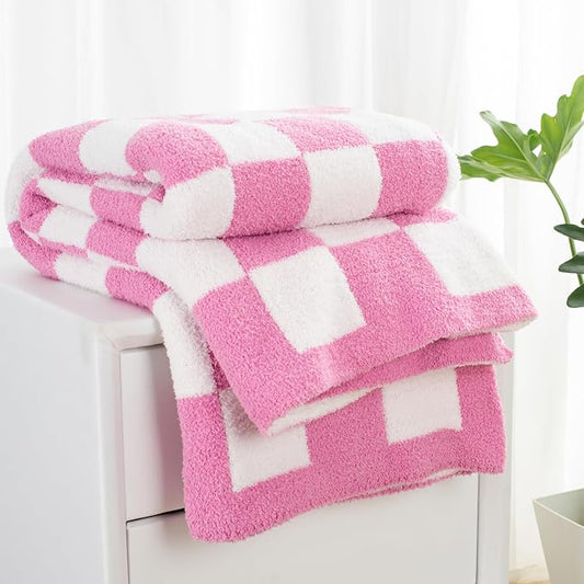 Carriediosa Checkered Throw Blanket 50x60, 400GSM Ultra Soft Microfiber | Hot Pink, Fuzzy Fluffy Cozy Plush Knit Knitted Plaid Checker, Lightweight Cute Preppy Fall Blankets & Throws for Couch, Bed
