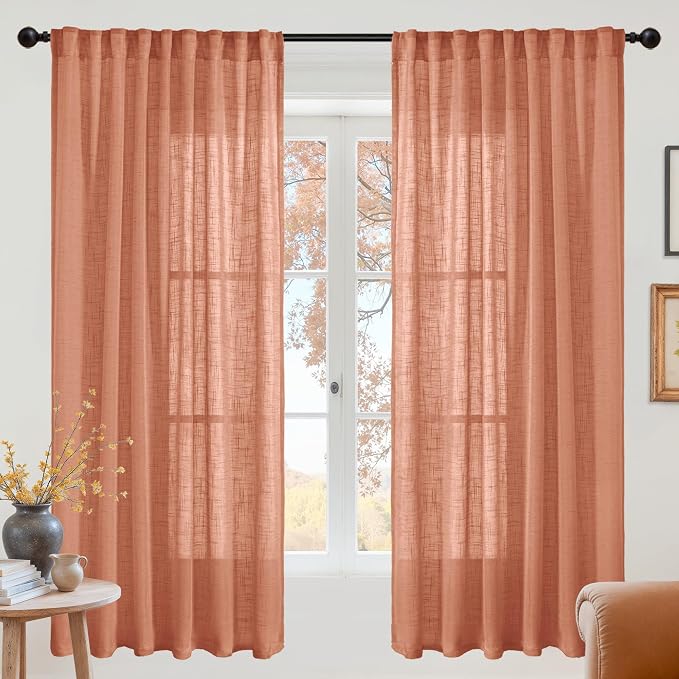 YoungsTex Burnt Orange Linen Curtains 68 Inches Long for Living Room - Semi Sheer Drapes Light Filtering with Rod Pocket Back Tab Rustic Lightweight for Bedroom Window, 2 Panels, 52 X 68 Inch