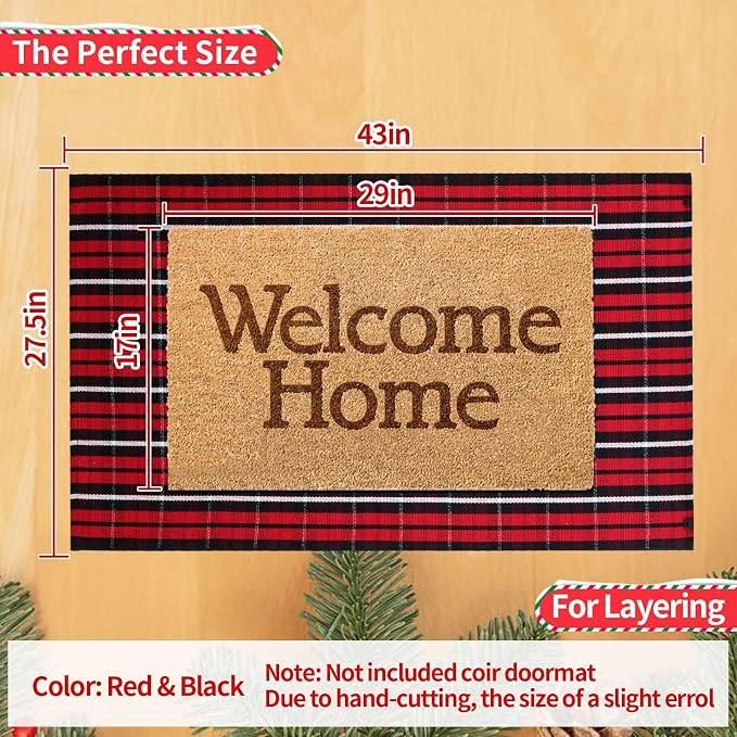 Christmas Buffalo Plaid Rug 27.5x43 in, Red Black Indoor Outdoor Rug | Cotton Blend, Hand-Woven Look, Machine Washable, Layering Rug, Porch Entryway Decor