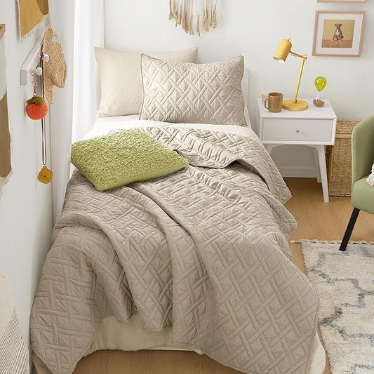Comfort Spaces Kienna Twin Quilt Bedding Set 2P, 66"x 90" Beige Diamond | Soft Cozy Lightweight Summer Twin XL Coverlet for College Dorm, Quilted Extra Layer, Modern Casual Bedroom Decor, OEKO-TEX