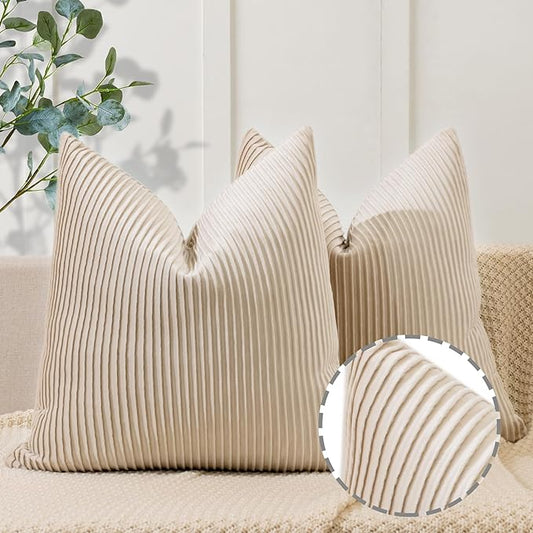 YCOLL Beige Pillow Covers 16x16 Set of 2 Velvet Striped Pattern - Soft Throw Pillows for Home Decor, Luxury Decorative Pillow Covers for Couch, Bed,Living Room