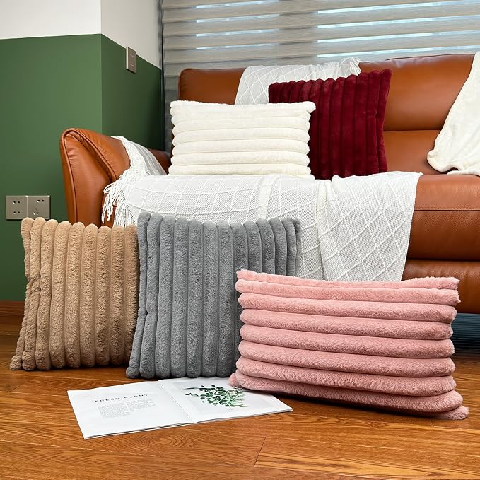 COTEY 24x24 Decorative Faux Fur Throw Pillow Covers Set of 2- Pink