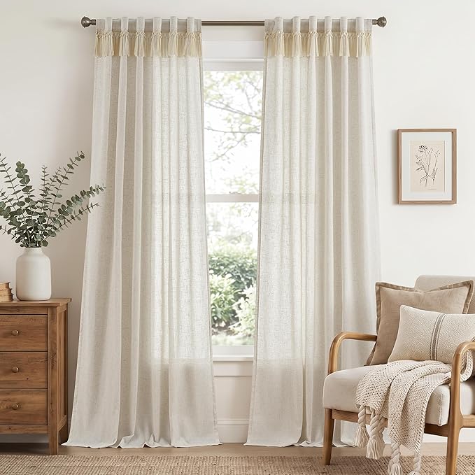 jinchan Linen Curtains for Living Room Bedroom Light Filtering Semi Sheer Curtains Boho Farmhouse French Country Cottage Core Decor Window Drapes Back Tab 90 Inch Length Tassel Beige