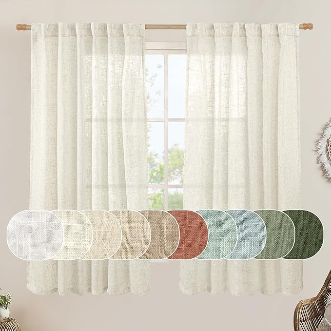 Semi Sheer Linen Window Curtains for Bedroom Living Room 52x63 Inch | Light Filtering Panels, Neutral, Faux Linen Textured, Farmhouse, Small Window, Rod Pocket Back Tab, Cream Ivory, 2 Panels