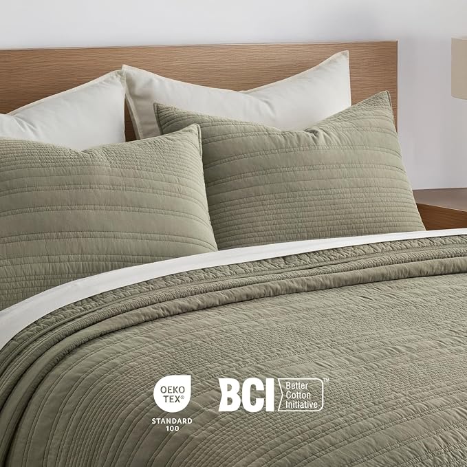 EVERGRACEHOME 100% Cotton Modern Lines Quilt Set King Size, Light Sage | Pre-Washed Soft Cotton, Striped Coverlet Bedspread, 3 Piece Lightweight Bedding Set for All Season, with 2 Pillow Shams