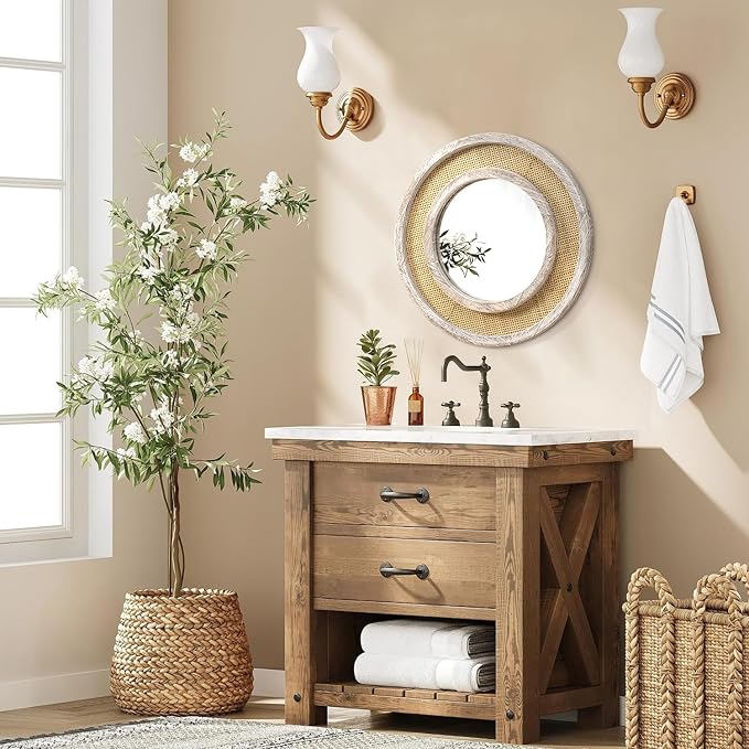 JJUUYOU Round Mirror Wood Framed Circle Rattan Hanging Mirrors for Wall Rustic Decorative for Living Room Bathroom Bedroom Entryway White 16 Inch