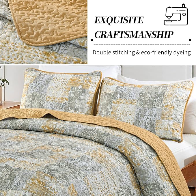 Mybedsoul Yellow Boho Quilt Queen Size, Patchwork Floral Bedding Set | Soft Lightweight Microfiber Coverlet Set, 3 Pieces Reversible Plaid Bedspread, Bed Sets for All Seasons 96"x90"