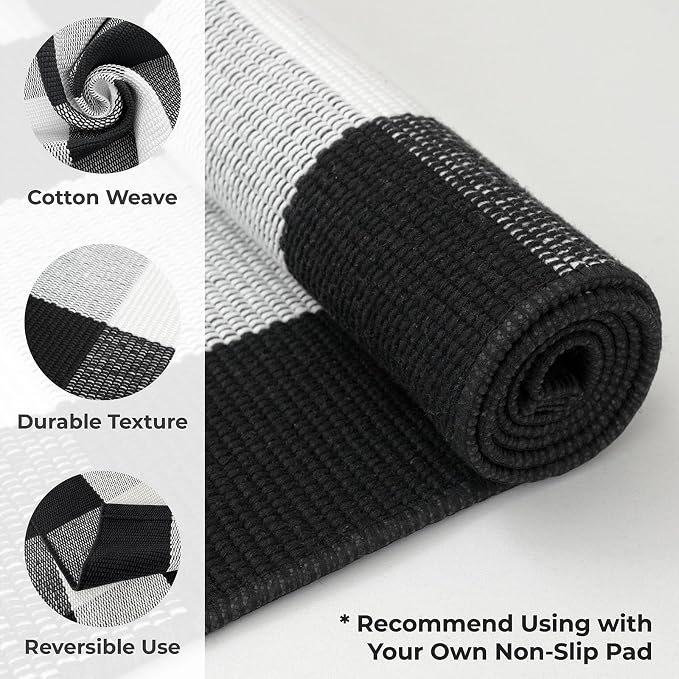 KOZYFLY Buffalo Plaid Area Rugs 27.5x43 Inches Black and White Checkered Rug Washable Front Door Mat Hand Woven Cotton Outdoor Rug Small Rug for Front Porch Kitchen Entryway Patio Bathroom | Washable Front Door Mat, Woven Cotton Outdoor Rug, Indoor Sma...