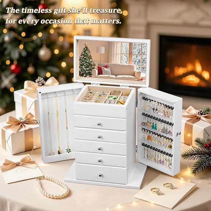 Emfogo Wooden Jewelry Box for Women, 6-Tier Large Jewelry Organizer Boxes with Mirror Rustic Solid Wood jewlery Storage for Rings Earrings Necklaces Bracelets watches(White)