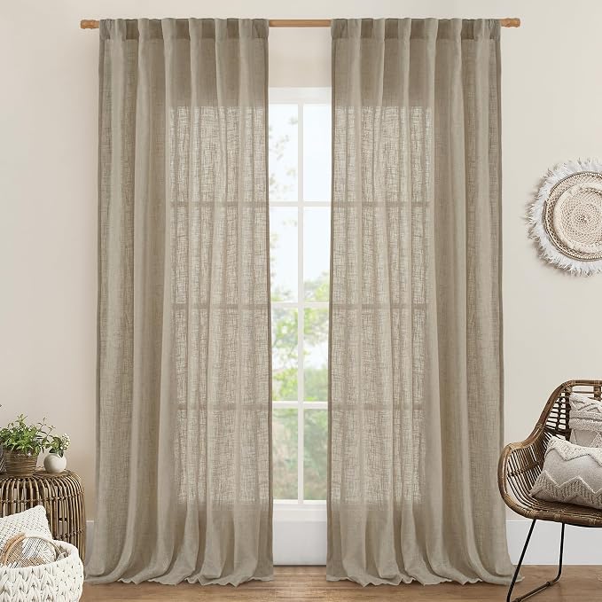 Sheer Linen Curtains 96 inches Long 2 Panels Set for Living Room | Light Filtering Panels, Rod Pocket Back Tab, Floor to Ceiling Curtains for Bedroom, Sliding Glass Door, Taupe, 52 x 96 Inch