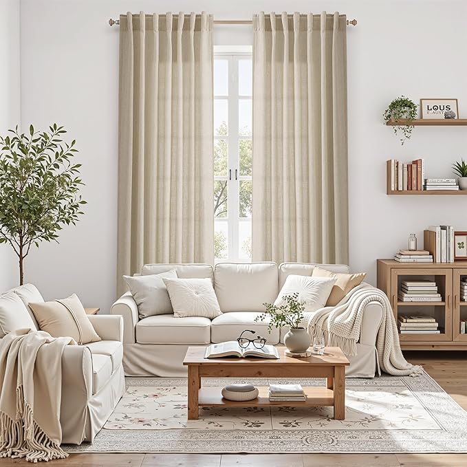 Eggshell Beige Curtains for Living Room 72 Inches Long Linen Blend Luxury Light Filtering Semi Sheer Curtain Back Tab Rustic Decor Neutral Elegant Drapes for Bedroom Office 52x72, 2 Panels