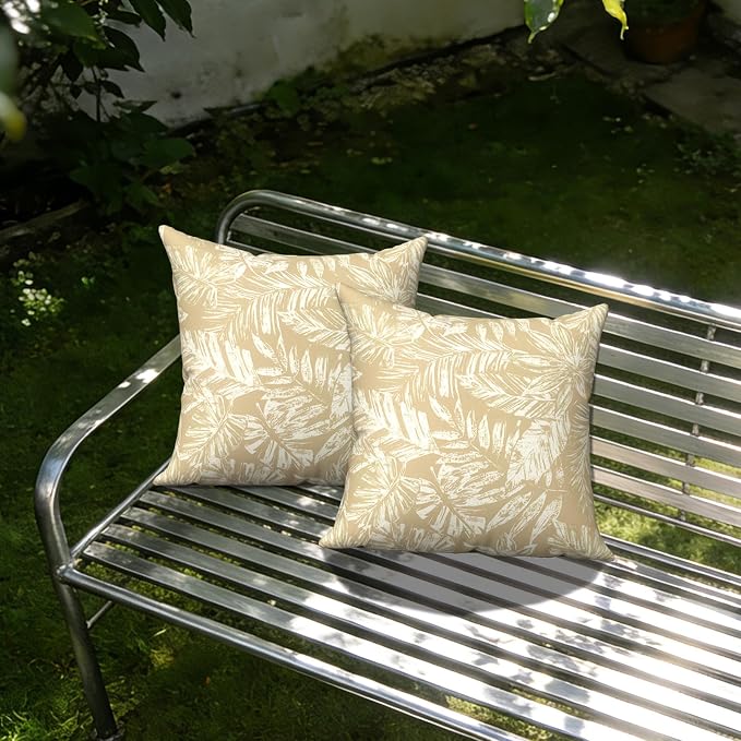 Outdoor Throw Pillow Covers 18x18 Inch, Decorative Pillow Covers for Patio Furniture, Tropical Leaf Oat Modern Cushion Cases for Garden Couch Home Sofa, Pack of 2