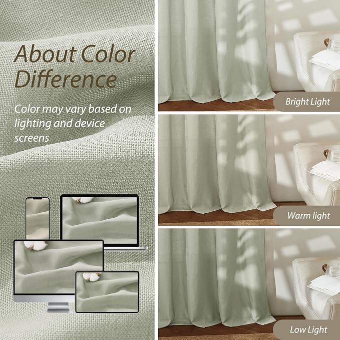 RYB HOME Linen Sheer Curtains 2 Panels for Living Room, Semi Transparent Privacy Drapes with Rod Pocket Farmhouse Style Window Treatments for Bedroom, Sage Green, 52" W x 95" L