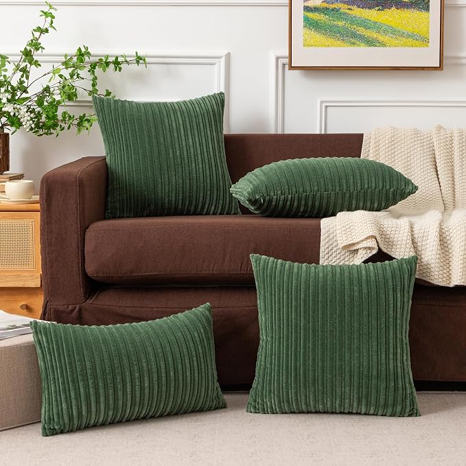 Kevin Textile Striped Corduroy 20”x20” Pillow Covers 2 Pack, Moss Green
