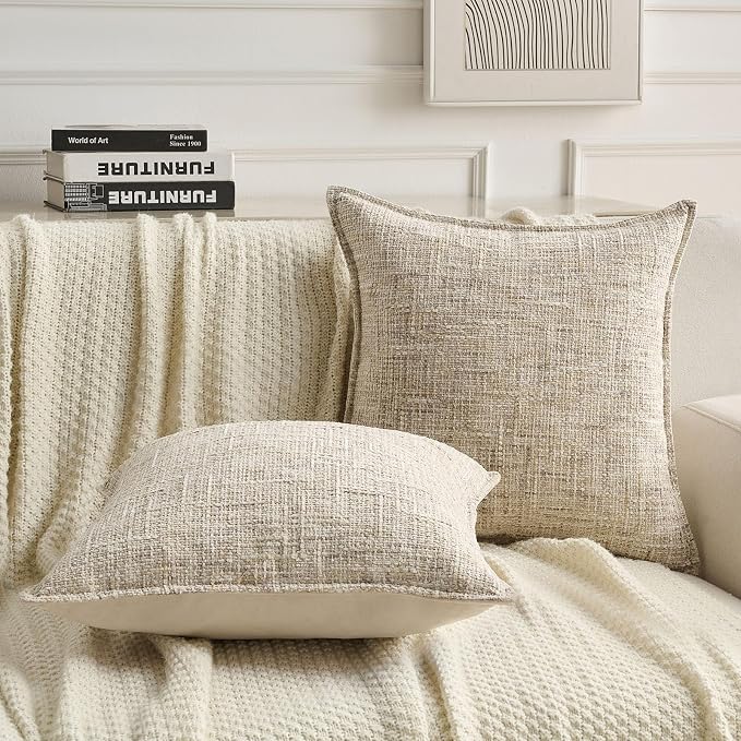 FUTEI Pack of 2 Chenille Tweed Vintage Throw Pillow Covers 20x20 Inch Soft Decorative Cushion Case Modern Farmhouse Accent for Couch Bed Living Room, Beige