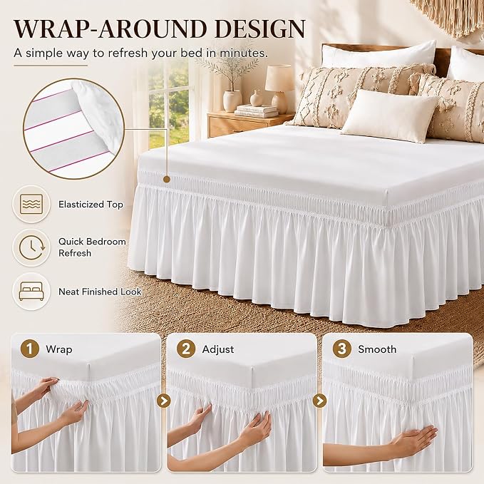 Vocander White Queen Bed Skirt 16 Inch Drop, Elastic Wrap Dust Ruffle | Hides Underbed Storage, No Mattress Lifting, Elastic Stays Put, Soft Fabric, Machine Washable, Polished Look