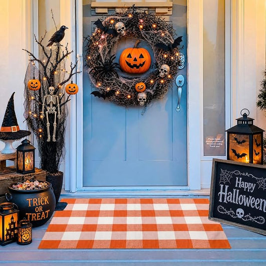Buffalo Plaid Outdoor Rug 27.5" x 43" Orange and White Checkered Area Rug Halloween Washable Doormats Fall Indoor Outdoor Rugs for Layered Front Door Mats, Porch, Entryway, Kitchen, Farmhouse