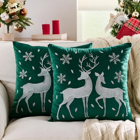 Christmas Deer Snowflake Throw Pillow Covers 18x18 Set of 2 Winter Holiday Decorative Emerald Green Embroidered Luxurious Soft Velvet Accent Pillowcase for Sofa Couch Bed Living Room Home Decor