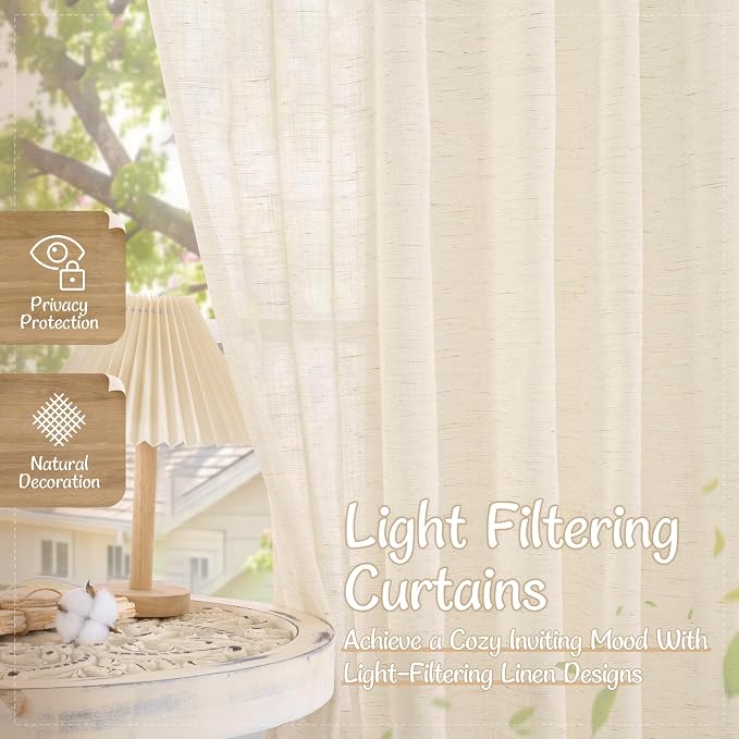 Semi Sheer Linen Window Curtains 63 Inch Length, Linen, 2 Panels | Light Filtering, Neutral Curtain Panels, Bedroom, Back Tab Rod Pocket, Drapes for Farmhouse, Living Room, 52 x 63 Inch