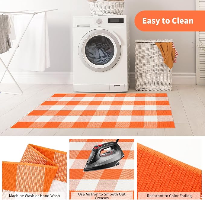Fall Buffalo Plaid Rug 27.5x43 in, Orange White Indoor Outdoor Rug | Cotton Blend, Orange and White Checkered, Machine Washable, Layering Rug, Porch Entryway Decor