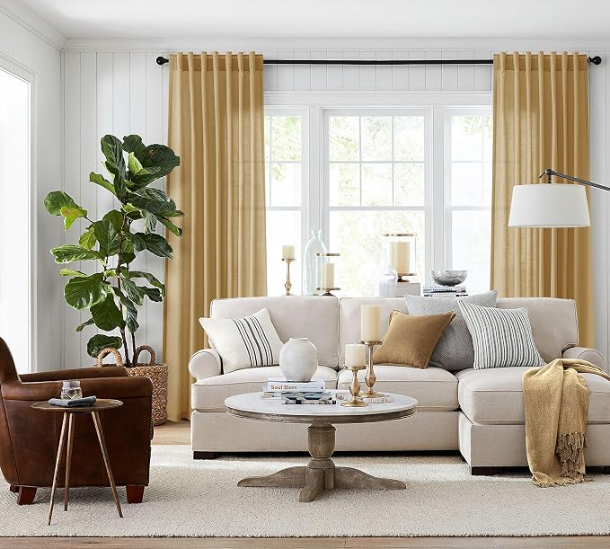Jowels Gold Yellow Linen Curtains 84 Inch Long 2 Panels for Living Room | Light Filtering Semi Sheer Curtain, Back Tab Pocket Pleated Look, Boho Farmhouse Textured Privacy Drapes for Bedroom Window