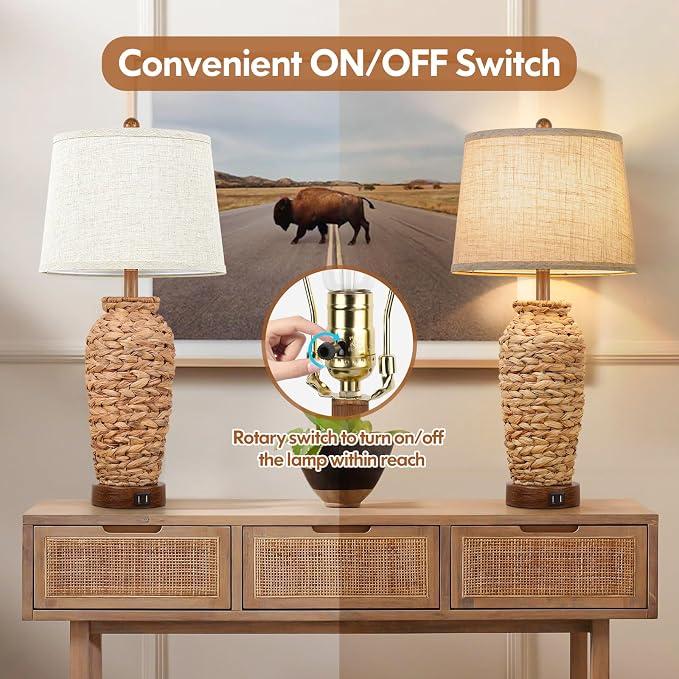 Set of 2 Rattan Table Lamps, 27in Tall Boho Table Lamps with 2 USB Charging Ports, Farmhouse Rustic Woven Seagrass Bedside Lamps for Living Room Bedroom Nightstand End Table, E26 Socket, Cream Shade