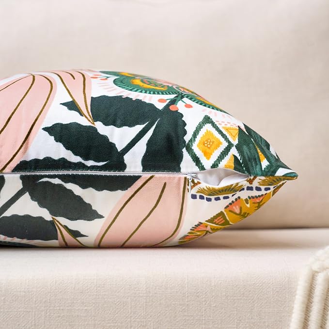 Tyrot Boho Floral Velvet Throw Pillow Covers 18x18 Inch Set of 2 Farmhouse Cushion Covers Mid Century Modern Botanical Home Decor Accent Pillow Cases for Couch Bed Sofa Living Room, Bedroom