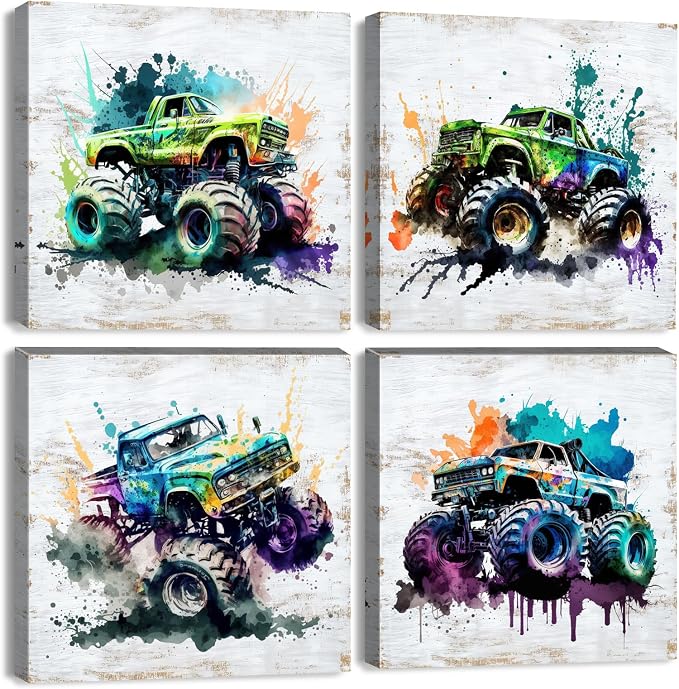 Rustic Monster Truck Wall Art Car Room Wall Decor for Boys Vintage Vehicle Posters Kids Bedroom Playroom Toddler Nursery Car Painting Canvas Prints Artwork Living Room Garage Home Decoration 12×12" 4P