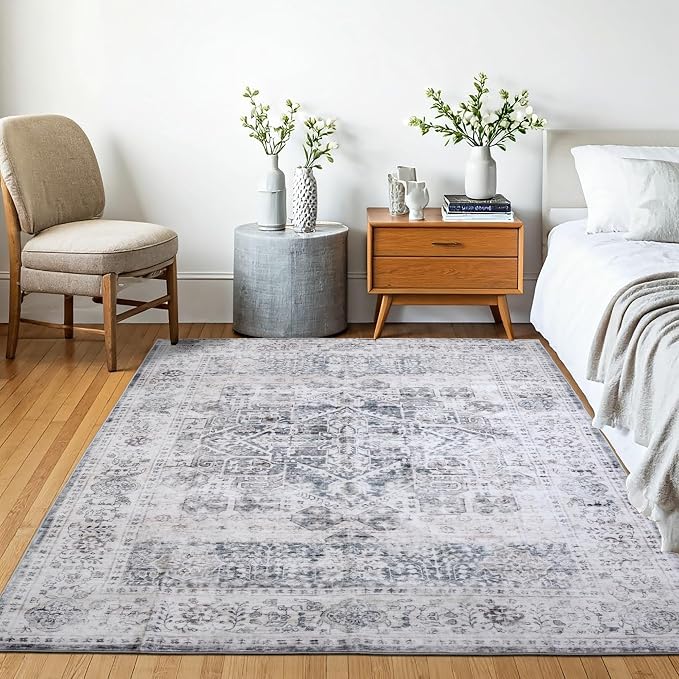 Machine Washable Area Rug, Soft & Durable, Non-Slip, Stain Resistant Rug for Bedroom, Living Room, Dining Room, High Traffic Areas. (Grey/Soft Taupe, 9' X 12')