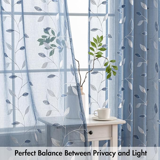 MIULEE Dusty Blue Sheer Curtains 2 Panels Leaf Patterned, W52 x L96 | Embroidered Floral Semi Sheer,Rod Pocket,Faux Linen,Short Window Curtains Drapes Set for Kitchen/Bathroom/Cafe