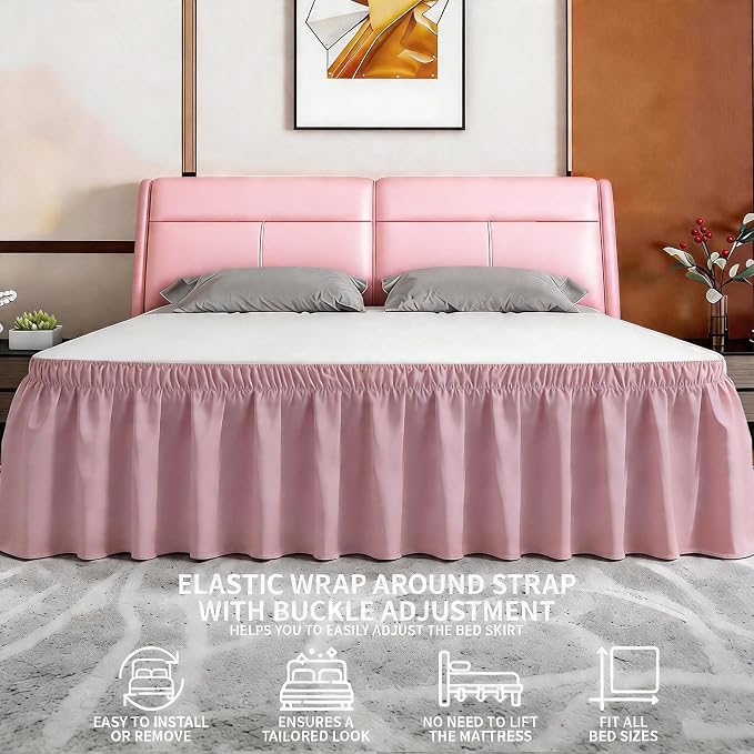 ANARACHON Queen Bed Skirt, Elastic Wrap Around Bed Skirt Queen Size, Bed Skirts for Adjustable Bed, Easy Fit with 18" Drop Length Tailored Drop Dust Ruffle (Pink)