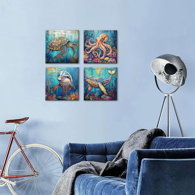 Bathroom Wall Art 16x16" 4Pcs, Blue Ocean Canvas Painting Vintage Wood Grain Background Animal Artwork Nautical Underwater World Cartoon Sea Turtle Octopus Posters Living Room Nursery Home Decorations
