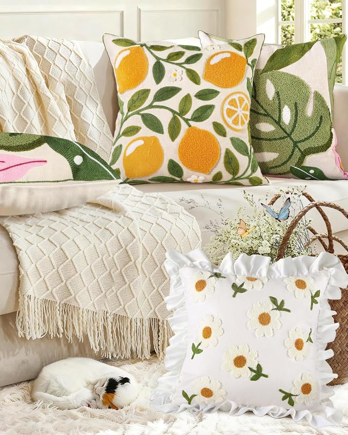 Embroidered Throw Pillow Cover - 18x18 Decorative Pillow Cover with Zipper Aesthetic Cute Design Boho Spring Summer Throw Pillowcase for Living Room Couch Sofa Bed, Branch Lemon
