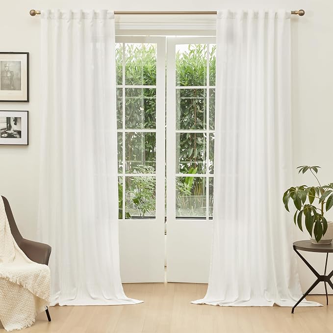MYSKY HOME Extra Long Curtains for Living Room, Soft Cotton Fabric Boho Window Curtain Drapes Light Filtering Semi Sheer Backdrop Panels, Beige White, 50 x 102 Inches, 2 Pieces