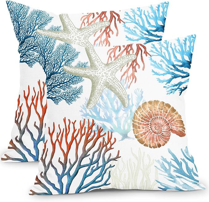 Kawani Coastal Pillow Covers 18x18 Inch Beach Theme Starfish Coral Seashell Outdoor Decorative Throw Pillows Set of 2 Nautical Ocean Blue Pillowcases for Couch Home Decor