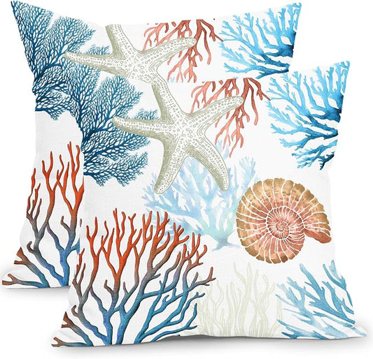Kawani Coastal Pillow Covers 20x20 Inch Beach Theme Starfish Coral Seashell Outdoor Decorative Throw Pillows Set of 2 Nautical Ocean Blue Pillowcases for Couch Home Decor