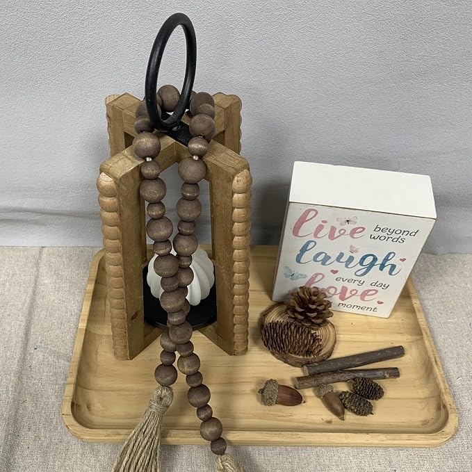 Handcrafted Farmhouse Wooden Decorative Beads Garland, Table Tray Boho Wood Beads with Tassel, Small Rustic Antique Decor for Home and Events (Dark Walnut)