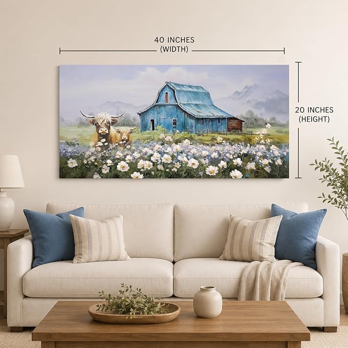 Anolyfi Farmhouse Highland Cow Canvas Wall Art for Living Room 40"x20" | HD Print, Waterproof Canvas, Easy to Hang, Durable and Colorfast, Country Barn Wall Decor for Bedroom Office Hallway Home