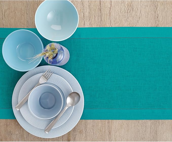 Solino Home 100% Pure Linen Dining Table Runner Teal Hemstitch, 14 x 144 in | Classic Hemstitch, brings a tailored look to family meals and hosting, hemstitched border, soft, fine, OEKO-TEX Certified