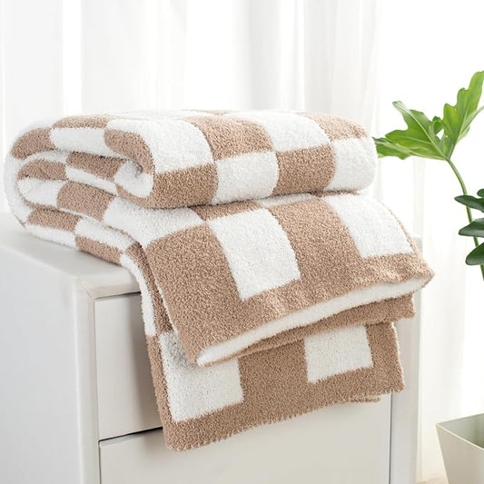 Carriediosa Checkered Throw Blanket 50x60, 400GSM Ultra Soft Microfiber | Taupe, Fuzzy Fluffy Cozy Plush Knit Knitted Plaid Checker, Lightweight Cute Preppy Fall Blankets & Throws for Couch, Bed