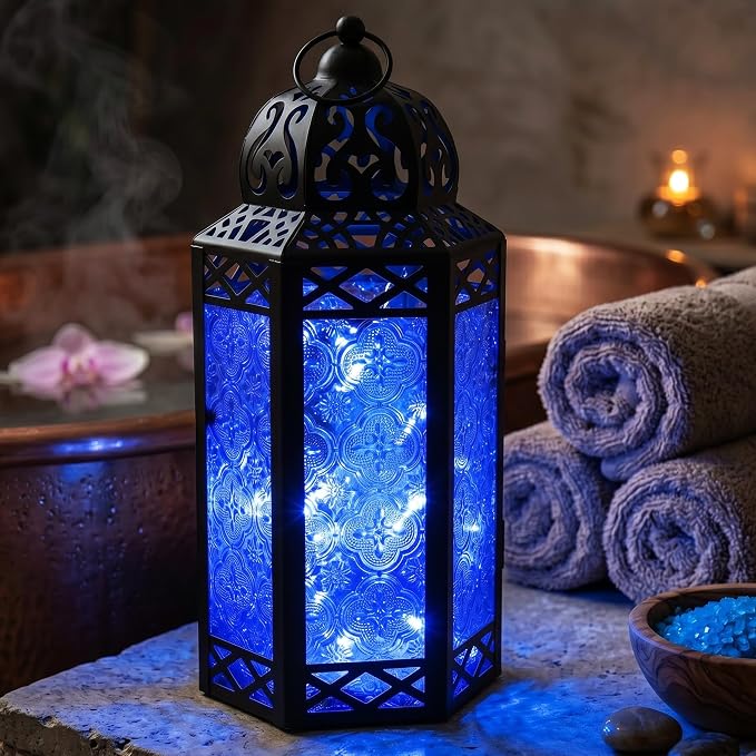 Vela Lanterns Decorative Indoor Fairy Light Candle Holder, Cobalt Blue, L | Wedding Table Centerpieces, Fantasy Moroccan Decor, Ramadan & Eid, Metal Hanging Lamp, Bathroom, Porch Patio, 12" Tall