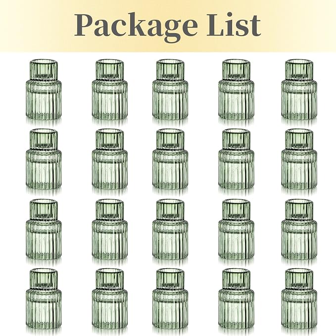 Hewory Taper Candle Holders Bulk, 20PCS Green Glass Candlestick Holders | For 0.86" Taper Candles, Ribbed, Vintage Candle Sticks Holder Decor, Wedding Table Centerpiece Bridal Showers Christmas Home