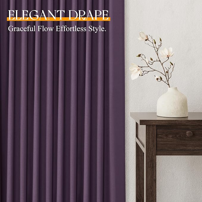 Jowels Plum Linen Curtains 84 Inch Long 2 Panels for Living Room | Light Filtering Semi Sheer Curtain, Back Tab Pocket Pleated Look, Boho Farmhouse Textured Privacy Drapes for Bedroom Window