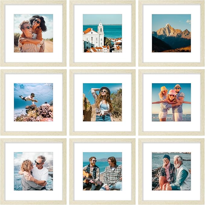 Vittanly 12x12 Picture Frames Set of 9 for Wall Mounting, Cornsilk | Display Pictures 8x8 with Mat or 12x12 without Mat for Wall Mounting, Square Photo Frames for Home Decor, Engineered Wood