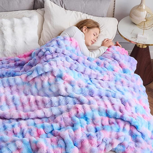 NEWCOSPLAY Faux Fur Bubble Twin Blanket for Couch, Purple Rainbow, 60"x80" | Fluffy Soft Thick Warm Bubble Blanket for Couch Sofa Bed 700GSM, Plush Cozy Luxury Decorative Throw, Gift for Women Men