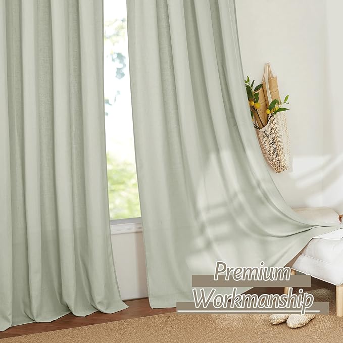 RYB HOME Linen Sheer Curtains 2 Panels for Living Room, Semi Transparent Privacy Drapes with Rod Pocket Farmhouse Style Window Treatments for Bedroom, Sage Green, 52" W x 90" L