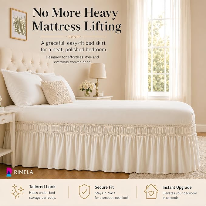Light Beige Bed Skirt King Size 18" Drop, Elastic Wrap Around Bedskirt | Solid Ruffled, Easy to Use, No Mattress Lifting, Wrinkle & Fade Resistant, with Adhesive Strips, Machine Wash/Dry/Iron